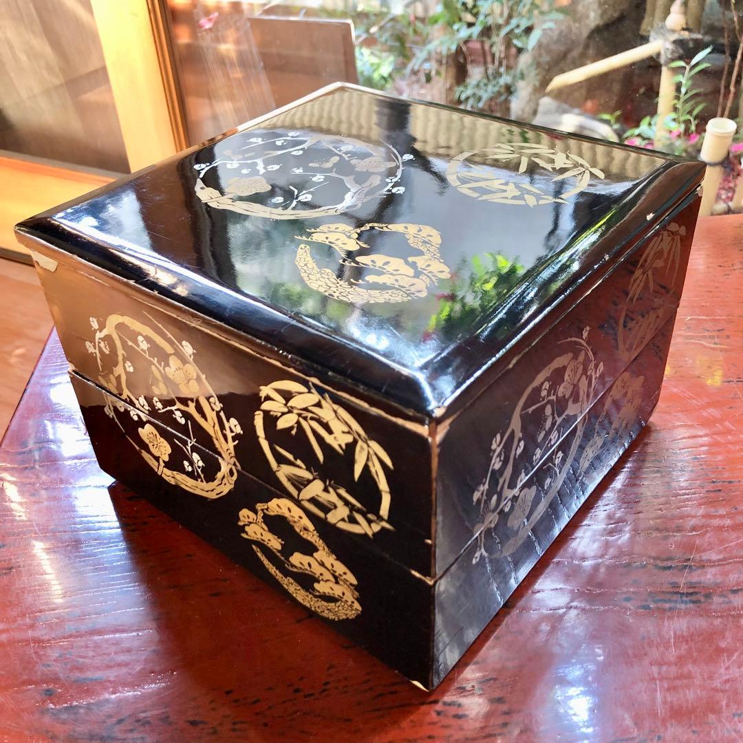 伝統的な木製黒塗 金松竹梅柄 二段重箱 漆器 伝統工芸 昭和初期 朱塗
