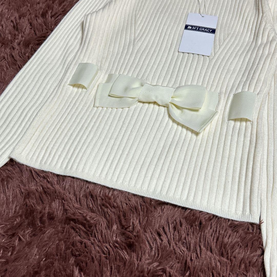 タグ付き/エムズグレイシー　グログランリボン　リブニット　40　アイボリー