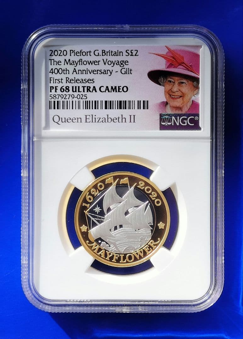 イギリス　2ポンド銀貨（ピエフォー）メイフラワー号出航400周年記念　2020年