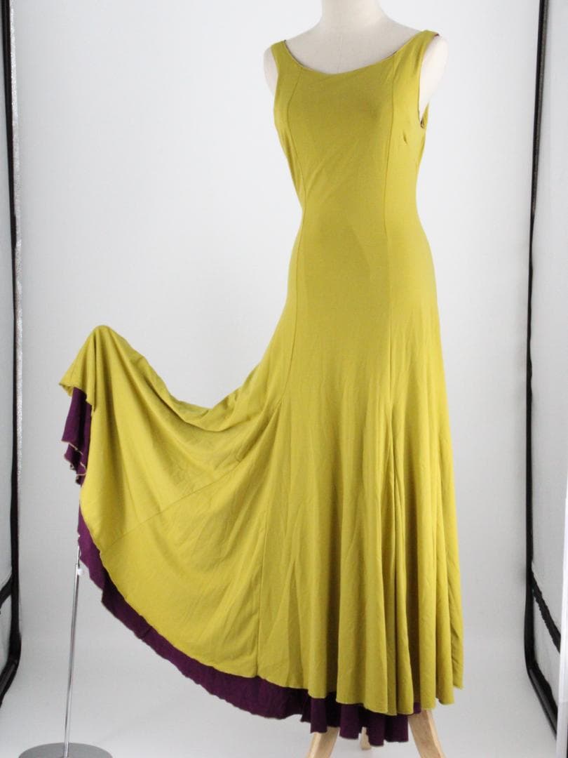 【美品 フラメンコ衣装】山吹色×パープル ドレス 大きく広がる裾 ワンピース