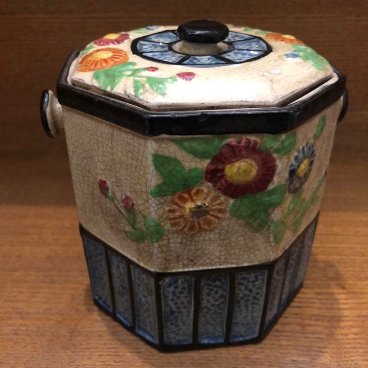 ビンテージ　明治頃　小物入れ　貫入あり　花柄　陶器 Vintage Japan